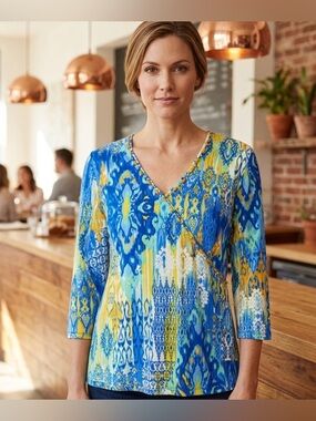 Ruby Rd. Blue and Yellow V neck bead embellished  Graphic Blouse 3/4 Sleeve Sz L